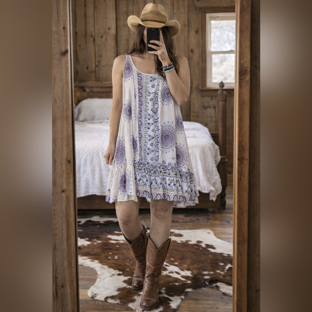 Lady's World Boho Floral Dress Sleeveless Flowy Mini White Blue Sz M GUC